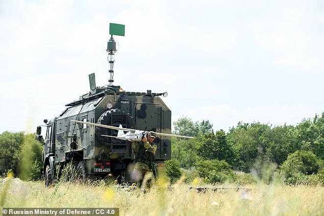 Above, an Orlan-10 system being tested during the 'Slavic Brotherhood 2018 war games'