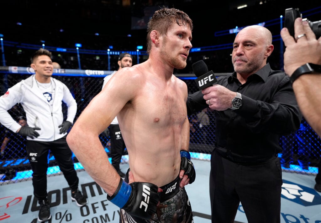 Bryce Mitchell reacts after his victory over Edson Barboza of Brazil in their featherweight fight during the UFC 272 event on March 05, 2022 in Las...