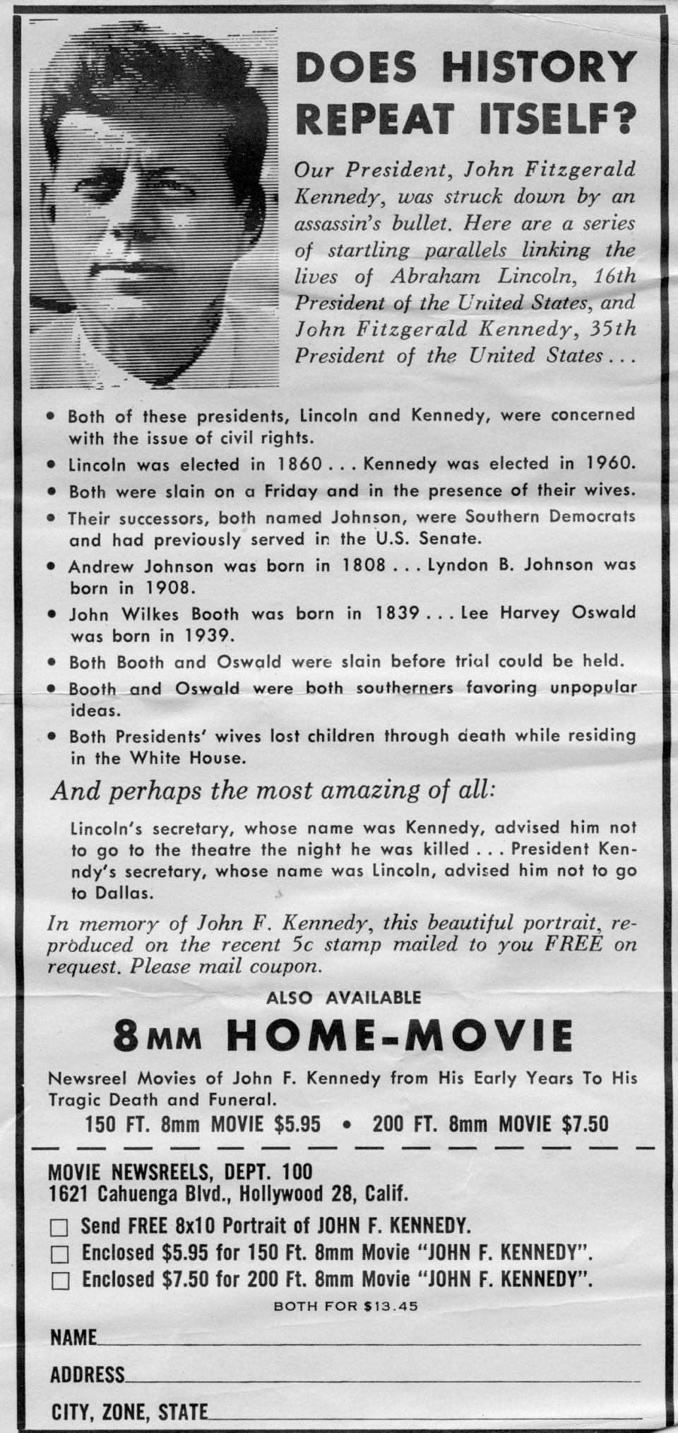 A conspiracy theory handout listing similarities between the killing of John F Kennedy and the assassination of Abraham Lincoln, 1970