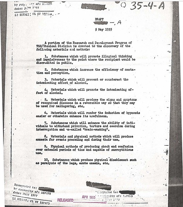 In 1955, the secret program listed 17 'materials and methods' that the division was working on, including substances that 'promote illogical thinking, would help individuals to endure 'privation, torture and coercion during interrogation' and attempts at 'brain-washing'