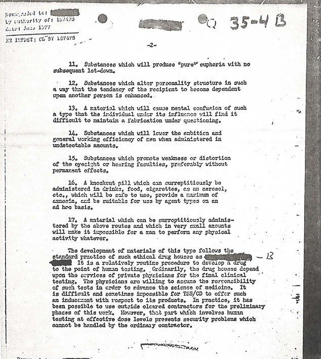 The list also featured substances that would 'produce physical disablement, including paralysis, and others that alter personality structure' or that 'produce 'pure' euphoria with no subsequent let-down'