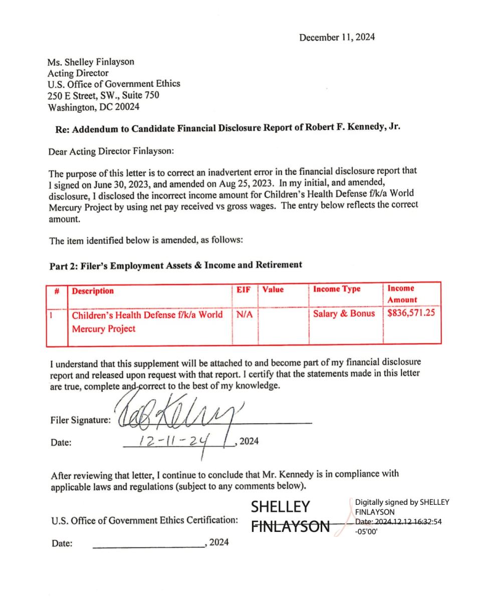 Robert F. Kennedy Jr.'s financial disclosure report with the U.S. Office of Government Ethics. / United States Office of Government Ethics