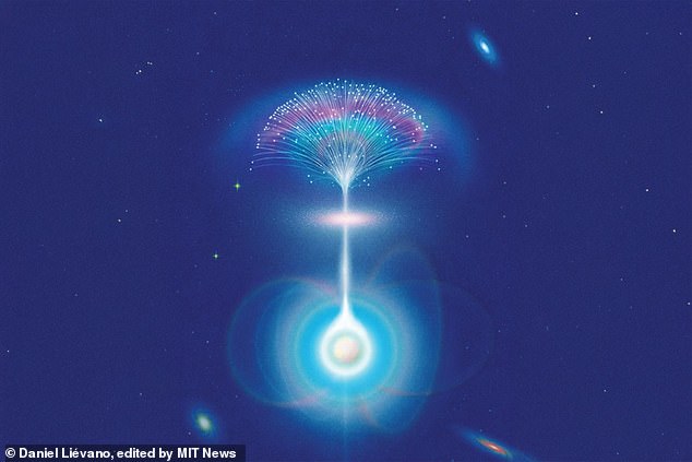 Researchers believe this powerful signal originated from within the magnetic fields surrounding a neutron star, the ultra-dense remains of a dead star. As this burst passed through gases in another galaxy it split into multiple paths (illustrated) causing the signal to flicker in brightness