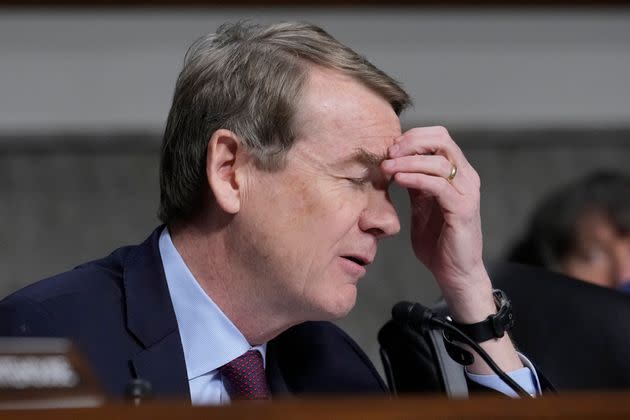 Sen. Michael Bennet (D-Colo.) winces Wednesday as he questions Robert F. Kennedy Jr. at the Capitol in Washington.