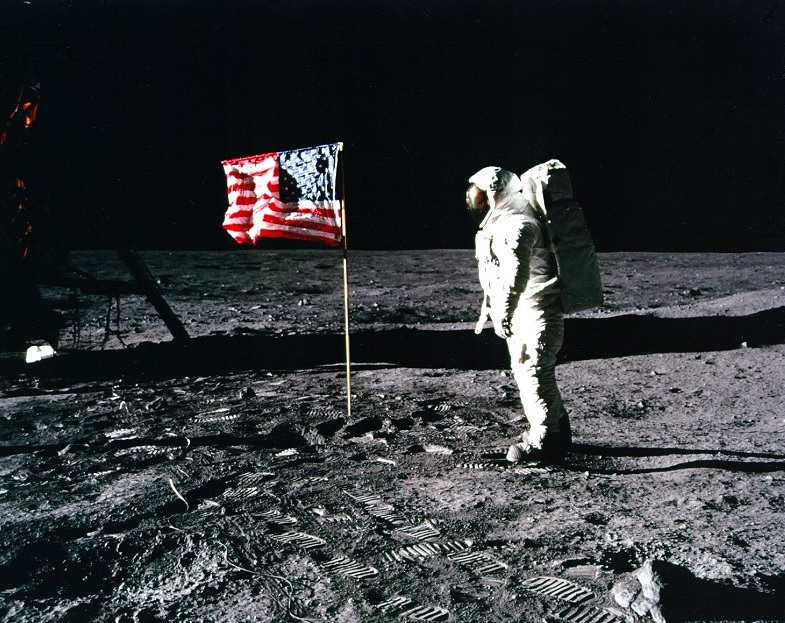 NASA astronaut Edwin "Buzz" Aldrin salutes the U.S. flag he and astronaut Neil Armstrong put on the Moon on July 20, 1969, during the historic Apollo 11 mission.