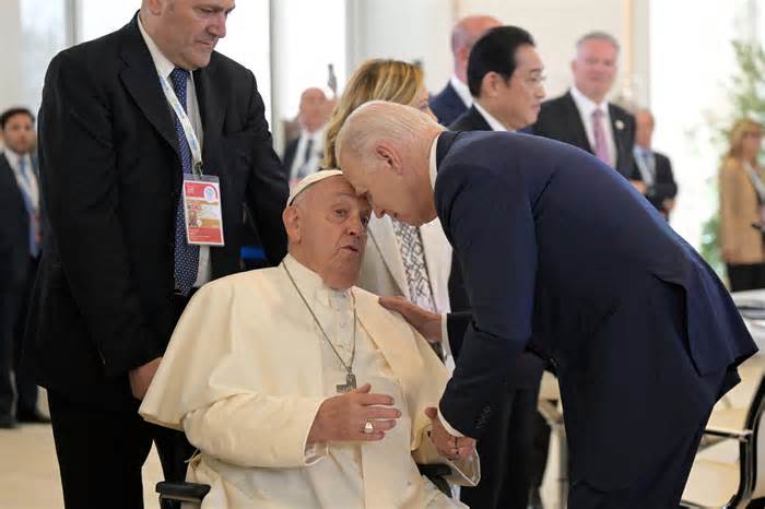 Pope Francis greets US President Joe Biden before a working session on Artificial Intelligence (AI), Energy, Africa-Mediterranean at the Borgo Egnazia resort during the G7 Summit in Savelletri near Bari, Italy, on June 14, 2024.