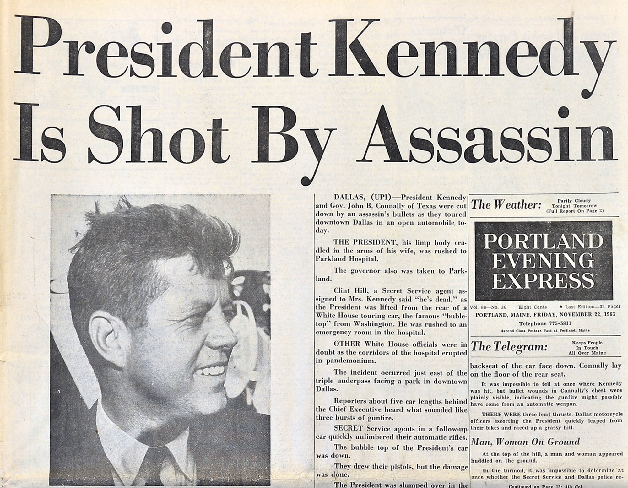 Newspaper front page reporting the assassination of President John F. Kennedy.