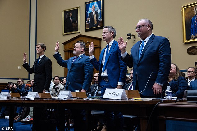 In the November hearing, retired US Navy Rear Admiral Tim Gallaudet (far left), ex-DIA official Luis Elizondo (center left) and former NASA administrator Mike Gold (far right) testified to the US Governments knowledge of UAP and extraterrestrial intelligence