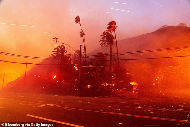 A structure burns during the Palisades Fire in the Pacific Palisades neighbourhood of Los Angeles, California, US, on Tuesday, January 7, 2025