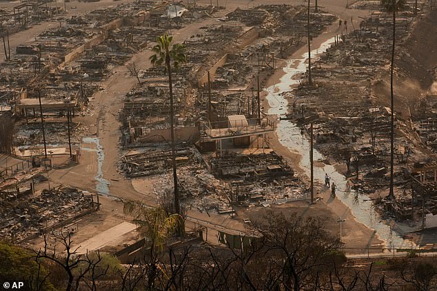 Two people ride bicycles amid the destruction left behind by the Palisades Fire in the Pacific Palisades neighbourhood of Los Angeles, January 9, 2025